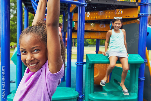 Photography Friends, kid and hanging on monkey bars at park for adventure, fun activity or motor skills