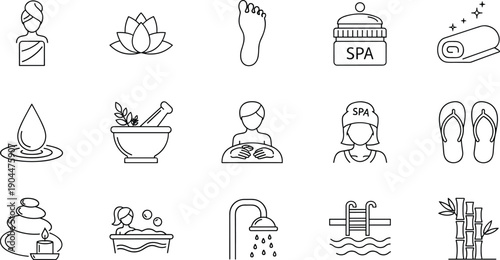 Spa and wellness icons set, relaxation therapy, massage, aromatherapy, lotus flower, hot stone, bath, sauna, skincare, beauty treatment, vector line illustration