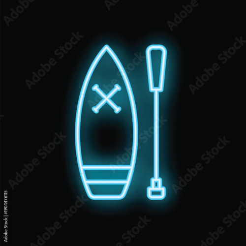 Neon glowing blue icon of stand up paddle board sup surfboard and paddle on black background