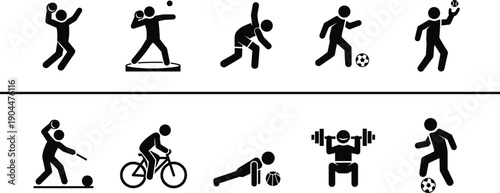 Sports activity icons set, athlete silhouettes playing football, basketball, cycling, weightlifting, cricket, fitness exercises, pictogram collection isolated on white background
