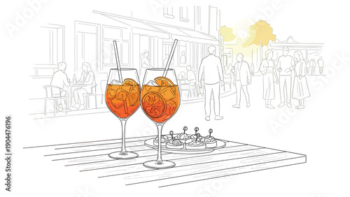 Refreshing citrus beverages with sunset street scene in delicate line art