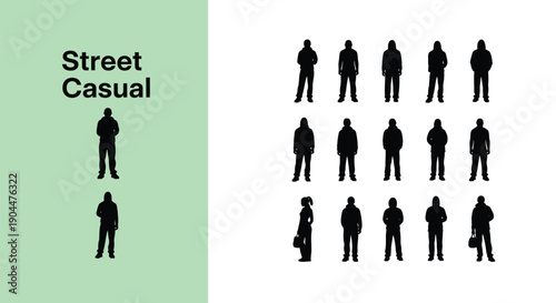 Collection of diverse street casual fashion silhouettes representing modern pedestrian figures in various static poses ideal for graphic design projects