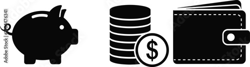 Black silhouette vector set featuring a piggy bank coin stack with dollar sign and a leather wallet for personal finance banking and savings designs