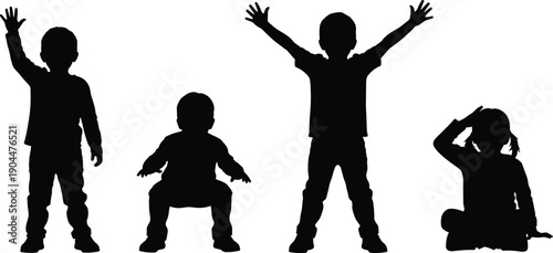 WebBlack silhouette vector set of young children in various active poses including waving and cheering for childhood development family themes and educational graphic designs. (25 words)