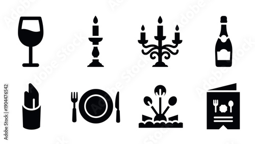 Elegant dining icons: wine, candle, chandelier, bottle, cutlery, menu in minimalist silhouette style