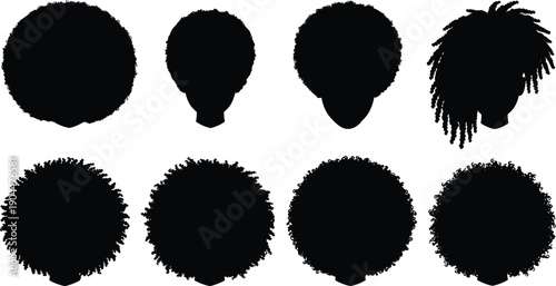Black silhouette vector set of various natural curly hair styles and afro textures featuring diverse head shapes for beauty salon and barber shop branding.