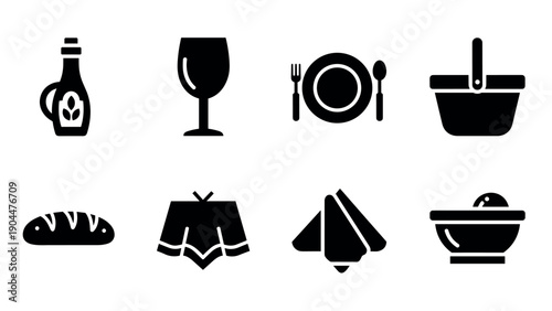 Dining icon set: wine, bread, tableware, and picnic essentials in bold silhouette style