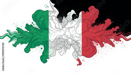 Dramatic abstract paint splash in italian flag colors on black background