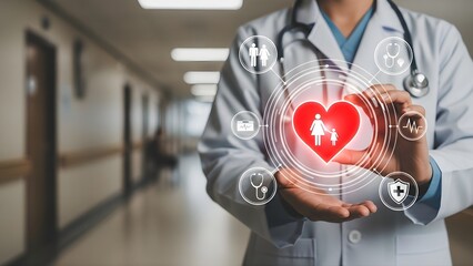 Healthcare concept with a doctor holding a heart symbol surrounded by medical icons in a hospital setting, representing care and well-being