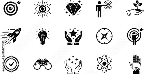 Success and goal achievement icon set, target, vision, innovation, growth, strategy, motivation, business planning, leadership mindset, creative ideas, vector illustration