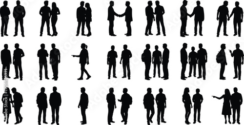 Business People Silhouette Vector Set Featuring Professional Men and Women Shaking Hands Talking and Interacting Isolated Black Figures for Corporate Networking and Communication Design Projects