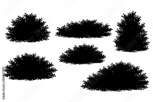 Collection of black silhouette bushes in various shapes and sizes.