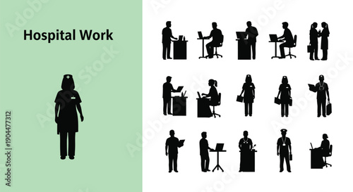 Diverse silhouettes of medical professionals and office staff performing various tasks related to hospital work including nursing and administrative duties