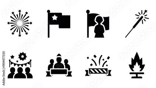 Celebration icons: fireworks, flags, sparklers, and festive gatherings in black silhouette style