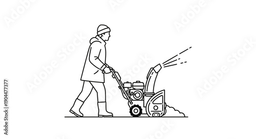 This snow blower machine illustration represents winter maintenance, road cleaning, and snow removal equipment. The design shows a worker operating a mechanical snow clearing device used for clearing 