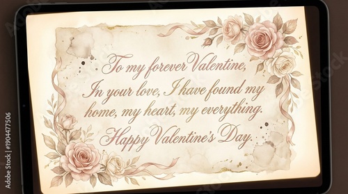 Valentine’s Day digital card focused on elegant calligraphy typography, flowing handwritten love text style, soft floral background, blush pink and ivory tones, artistic ink strokes, premium stationer