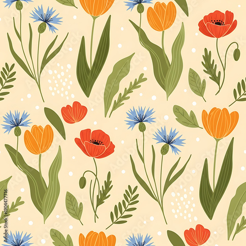 Seamless floral pattern with hand-drawn wildflowers, sunflowers, and roses for elegant botanical background and textile design