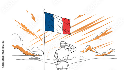 Saluting soldier under french flag with dramatic sky in outline art