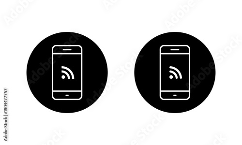 RSS feed mobile phone screen icon in black circle. Internet syndication symbol in smartphone display