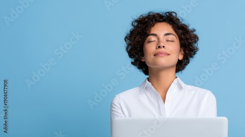 Future of Work: Hybrid Life, Digital Soul, work life balance, Serene Microbreak: Eyes Closed in Laptop Light with Copy Space for Text