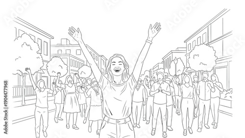 Joyful parade in urban street: happy people celebrating together in linear art style