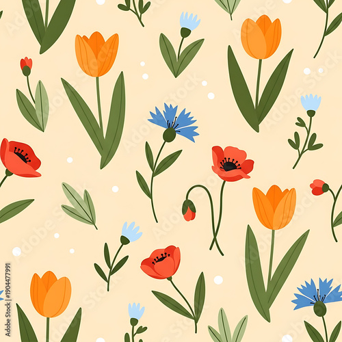 Seamless floral pattern with hand-drawn wildflowers, sunflowers, and roses for elegant botanical background and textile design