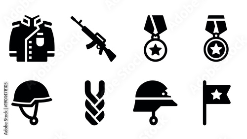 Military icon set: medals, helmets, weapons and uniforms in bold silhouette style