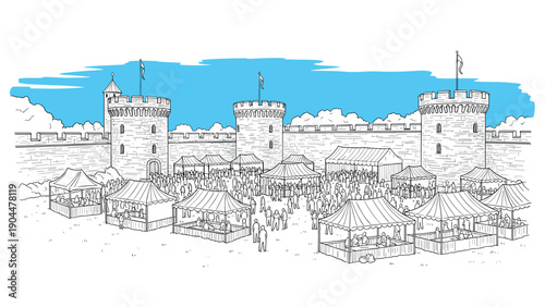 Medieval festival in castle courtyard with market stalls and crowds in sketch style