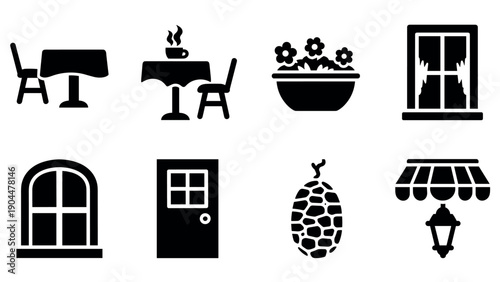 Café icons set: silhouette furniture, décor, and architecture elements