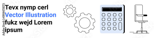 Office productivity, engineering, task management, workplace setup, organization, business tools. Image of gears, calculator and chair. Office productivity and engineering by elements