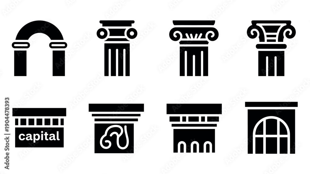 Naklejka premium Icon set of classical architectural pillars and capitals in black silhouette style
