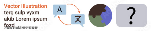 Language translation, global communication, multilingual support, cultural exchange, international services, digital tools. Two dialogue bubbles with arrows, globe and a question mark. Language