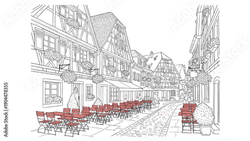 Quaint european street with cozy outdoor seating in linear style