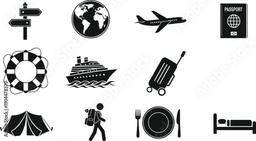 Travel and tourism icon set, airplane passport luggage cruise camping hotel dining backpacker globe navigation symbols, vacation journey planning, black vector illustration
