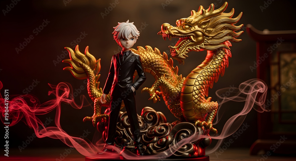 Fototapeta premium 3D rendered anime boy figurine in black suit standing next to majestic golden dragon, Chinese New Year zodiac symbol for prosperity and good fortune decoration