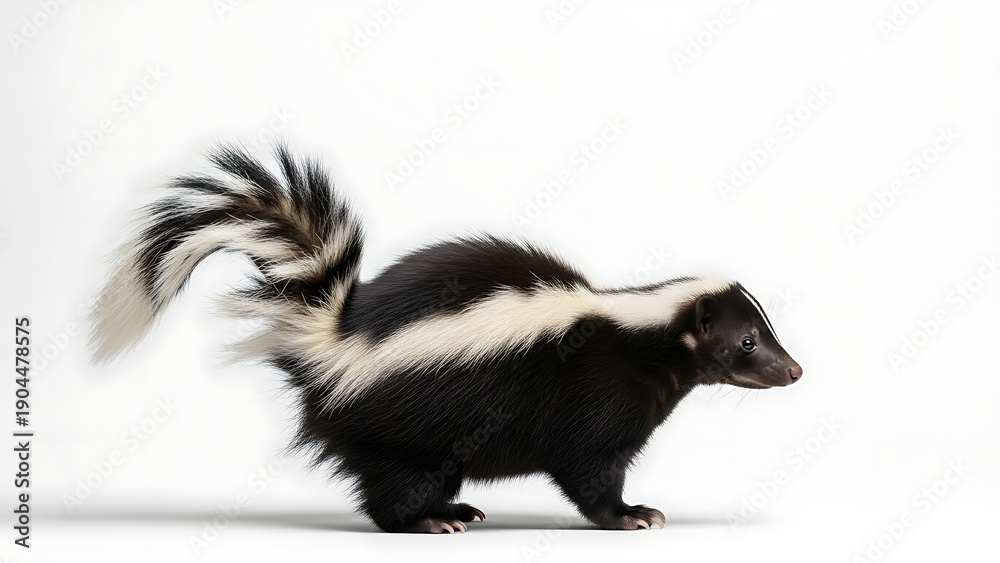 Naklejka premium A striking striped skunk with its signature black and white fur, captured vividly against a clean white studio backdrop