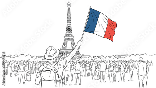 Tourist holding french flag in front of eiffel tower, crowd silhouette