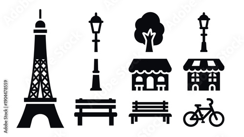 Parisian silhouette: iconic landmarks and street elements in black and white