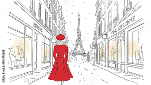 Parisian fashion stroll: woman in red walking towards eiffel tower on snowy day