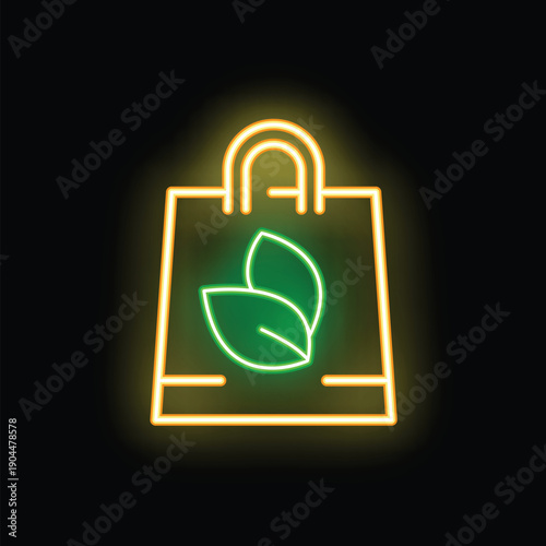 Neon sign of a shopping bag with two green leaves on it symbolizing an eco friendly product or company