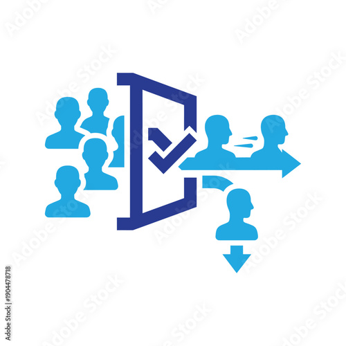 Selection process icon showing group of people passing through frame with check mark and arrows