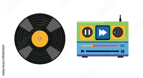 A vintage record and a colorful portable cassette player illustration