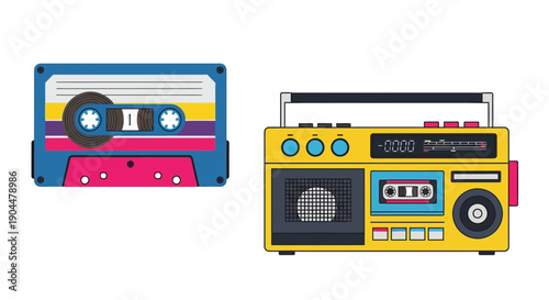 Retro boombox and cassette tape illustration in a flat colorful style