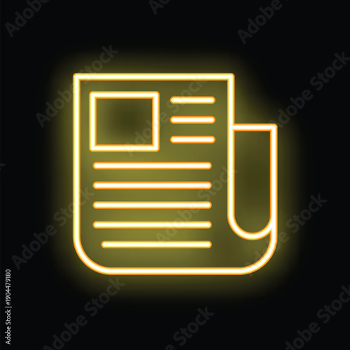 Bright yellow neon sign showing a newspaper icon on a black background