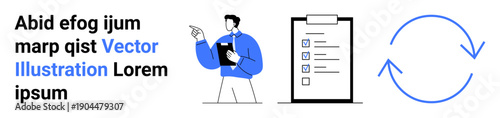 Task management, workplace organization, project planning, workflow process, business strategy, productivity. A person pointing to a checklist with a cycle icon. Task management and workplace