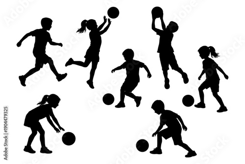 Silhouettes of children playing with ball in various poses.
