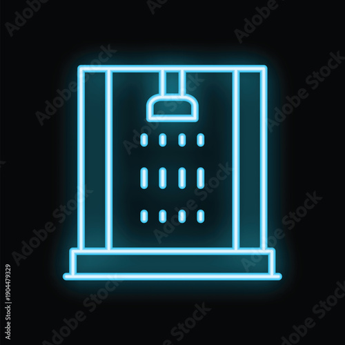 Blue neon shower cabin sign is glowing on a black background