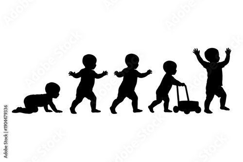 Silhouette of child development stages: crawling to walking progression.