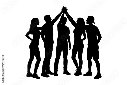 Group of young adults celebrating with high five in silhouette on white background.
