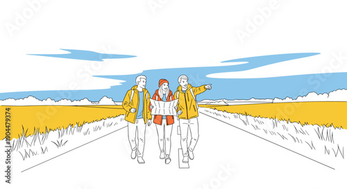 Adventure awaits: friends navigating a scenic countryside path in linear style